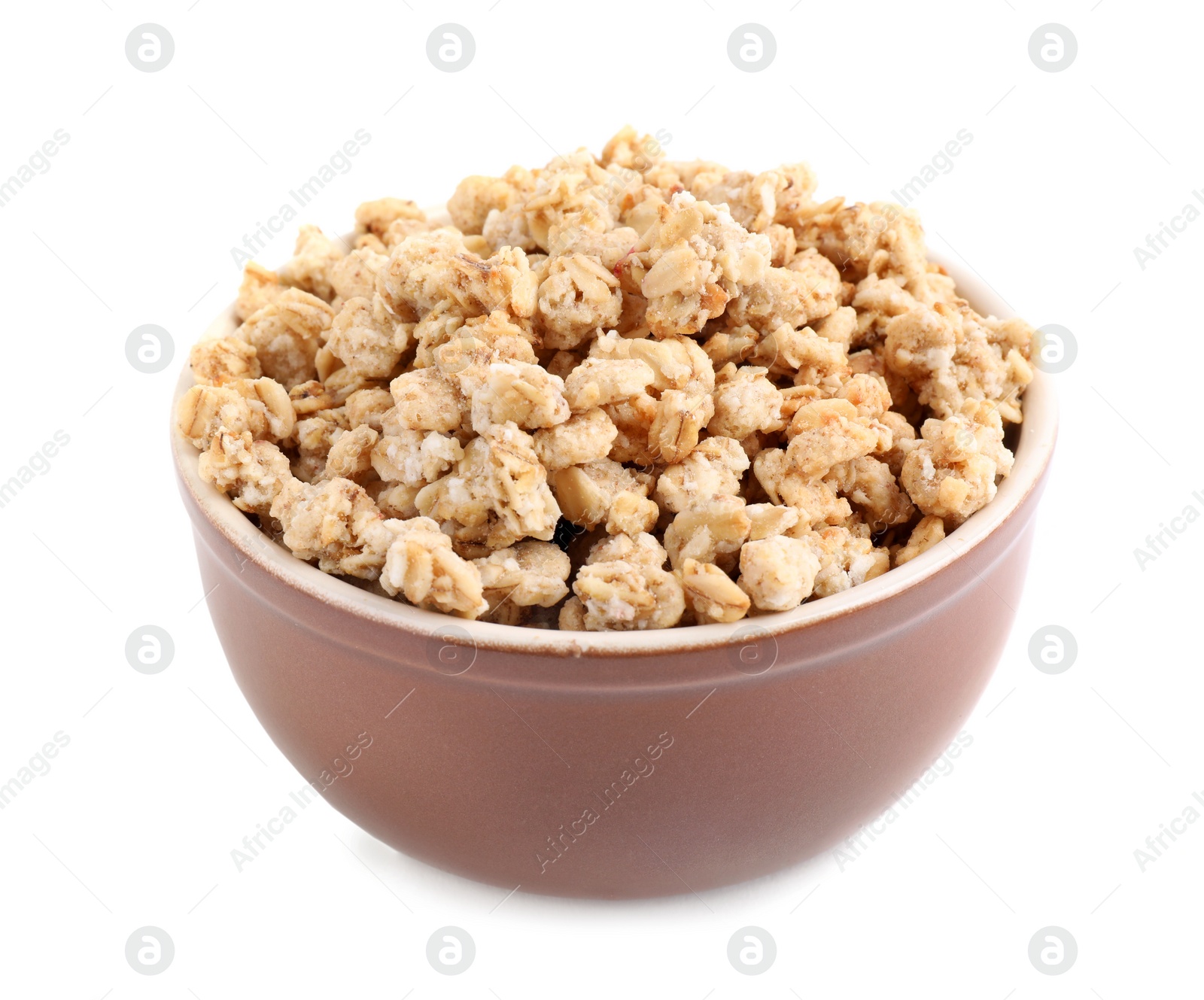 Image of Tasty crispy granola in bowl isolated on white