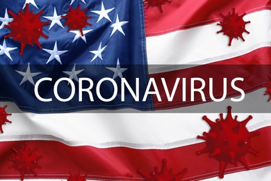 Image of Covid-19 outbreak. Virus flying over American flag