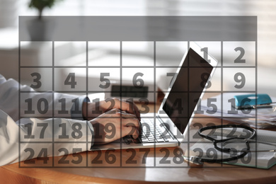 Image of Calendar and doctor working with laptop in office, closeup