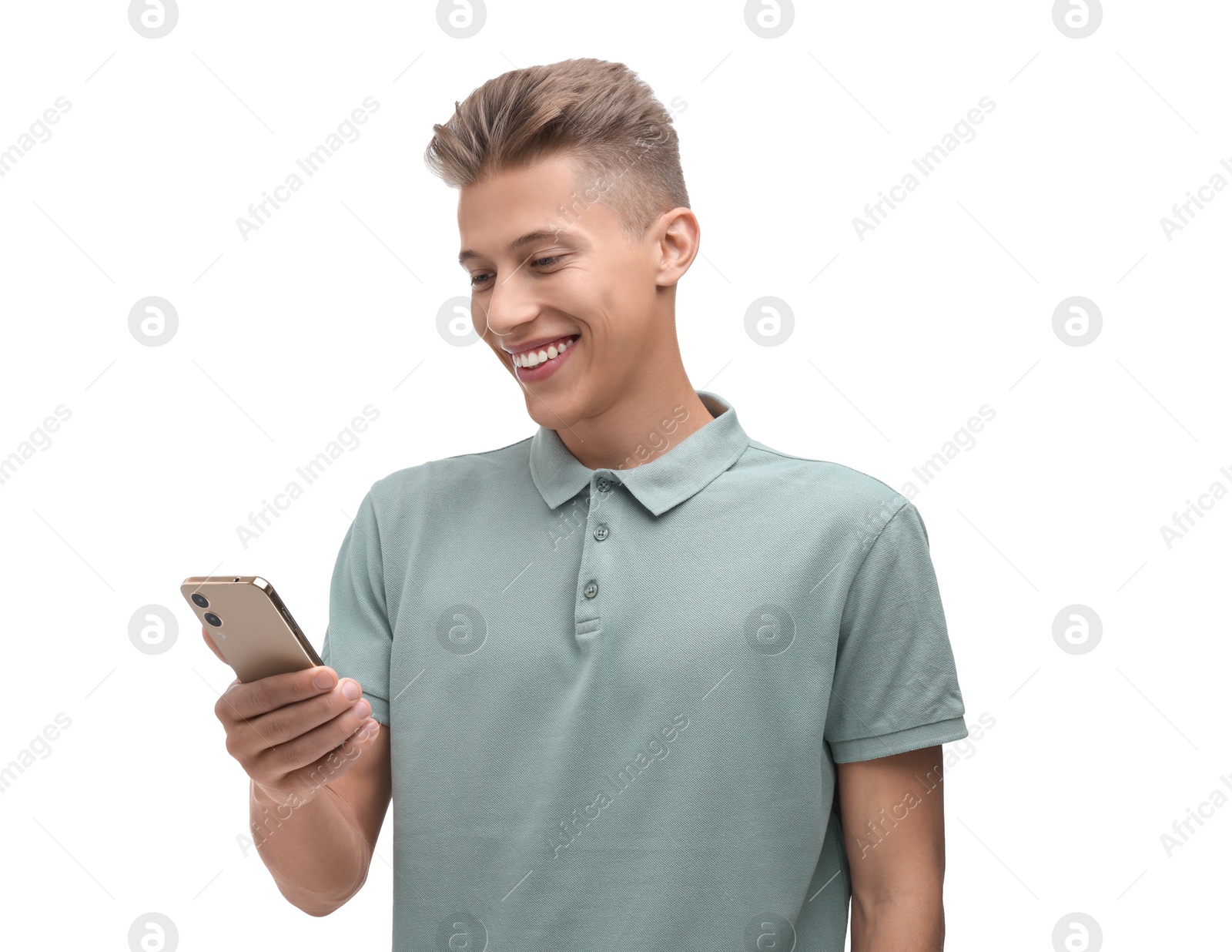 Photo of Happy young man sending message via smartphone on white background