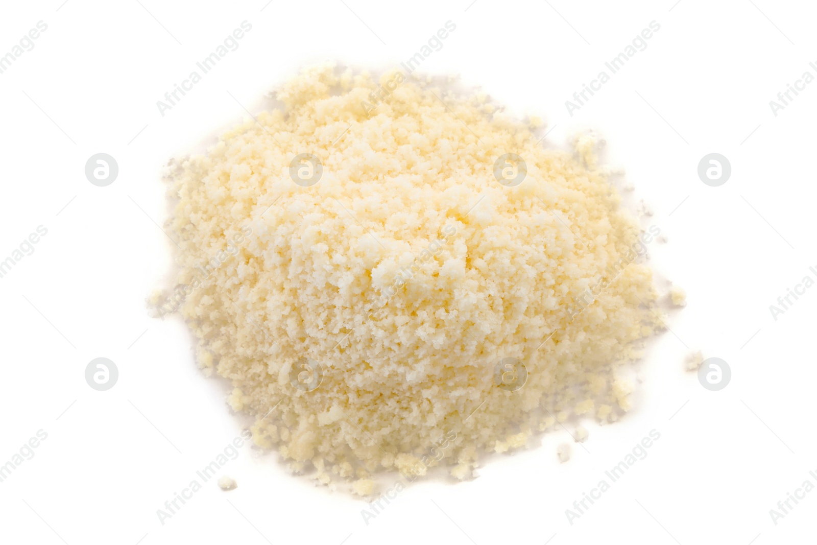 Photo of Pile of grated parmesan cheese isolated on white, top view