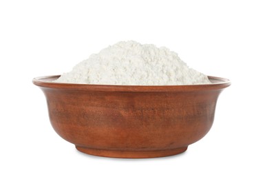 Photo of Fresh flour in wooden bowl isolated on white