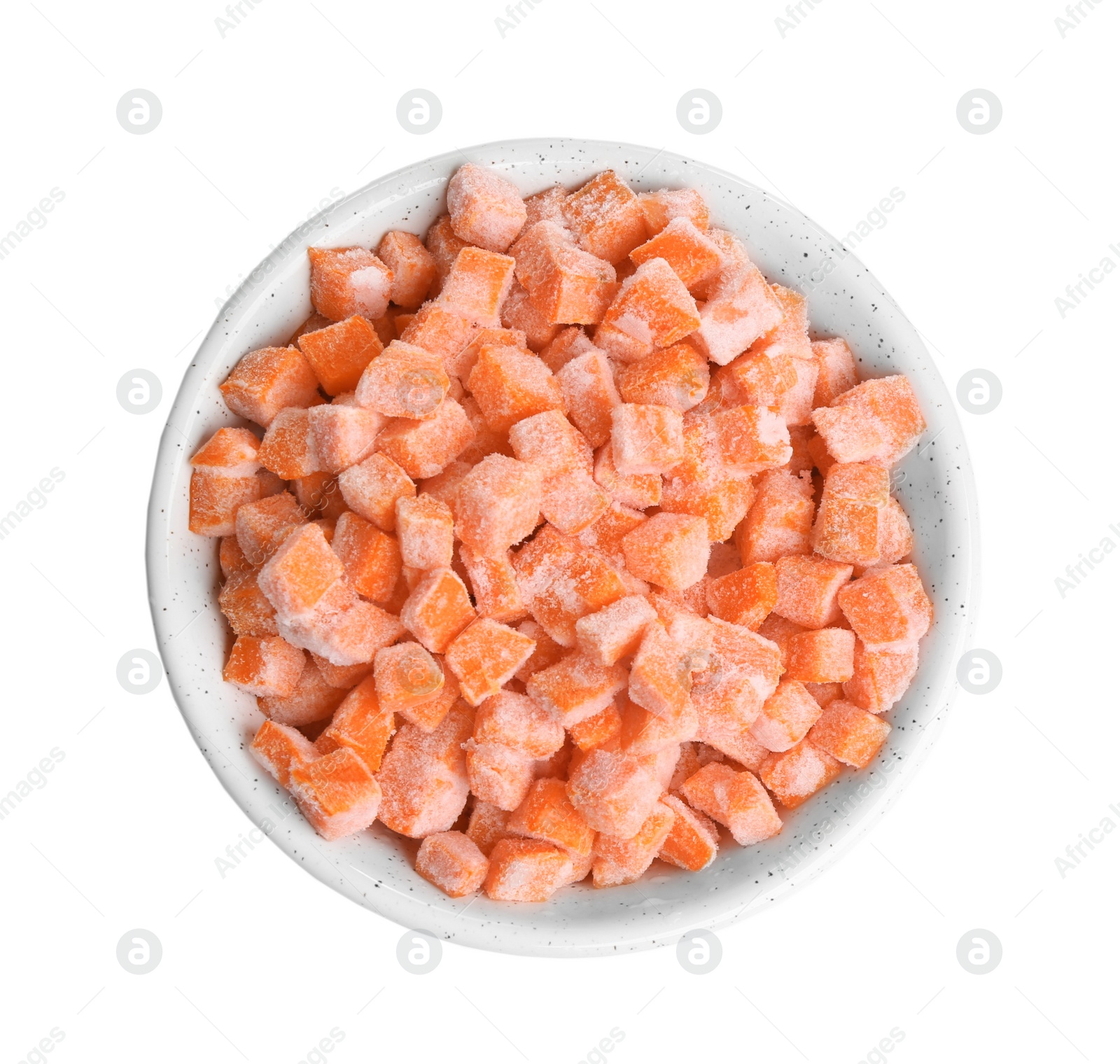 Photo of Frozen carrots in bowl isolated on white, top view. Vegetable preservation