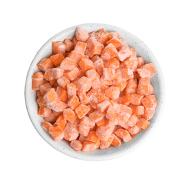 Frozen carrots in bowl isolated on white, top view. Vegetable preservation