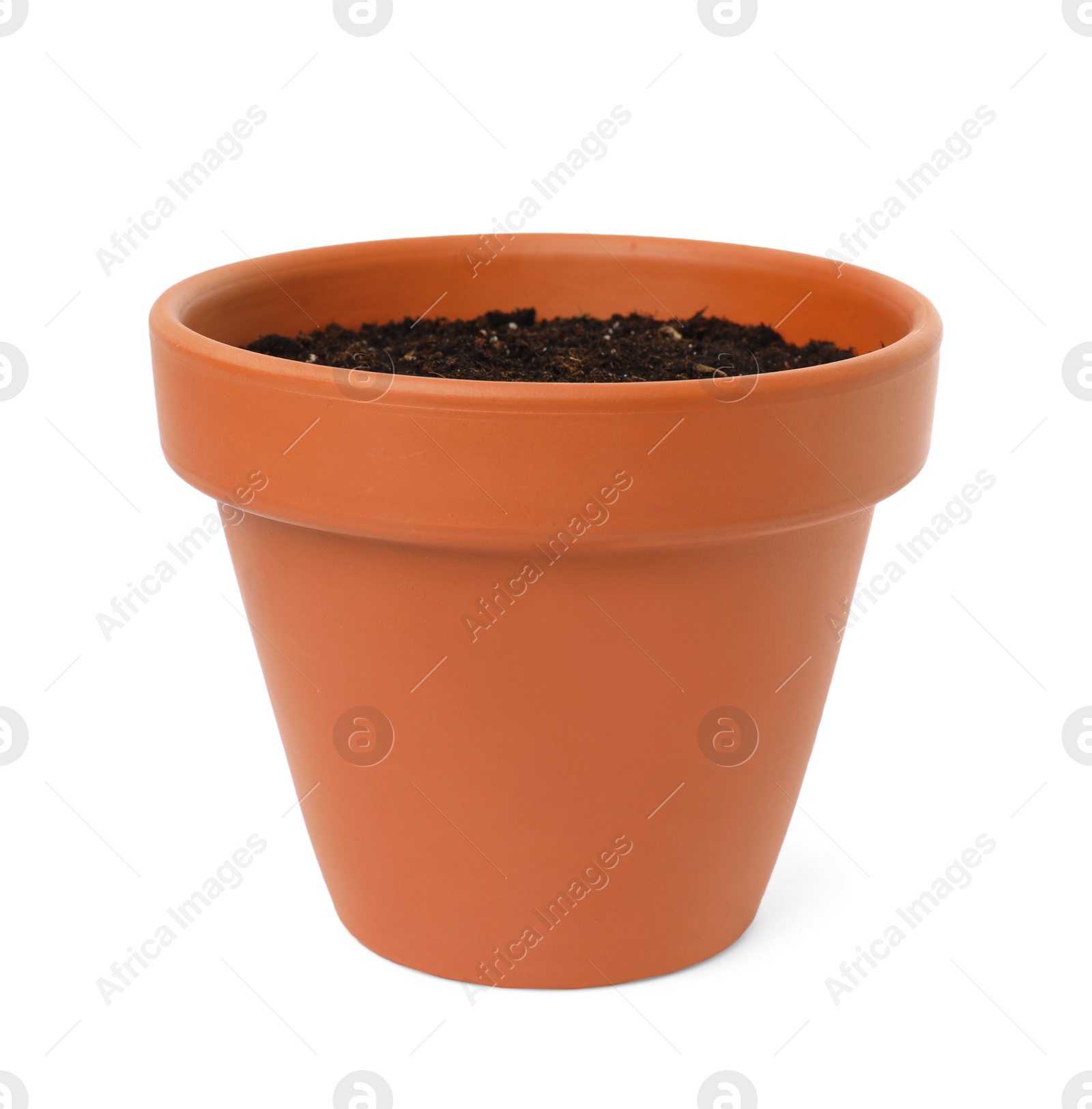 Photo of Clay flower pot with soil isolated on white