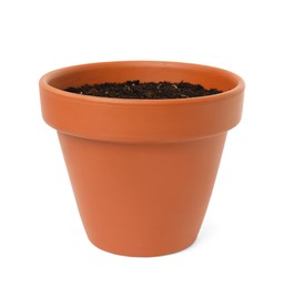 Photo of Clay flower pot with soil isolated on white