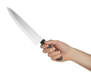 Photo of Man holding chef's knife on white background, closeup