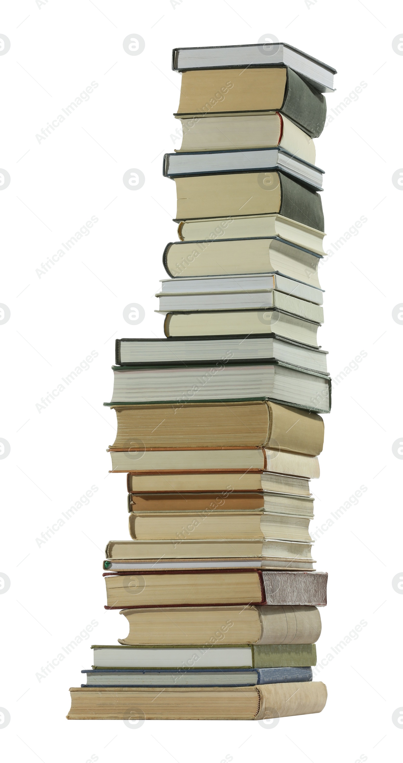 Photo of High stack of many different books isolated on white