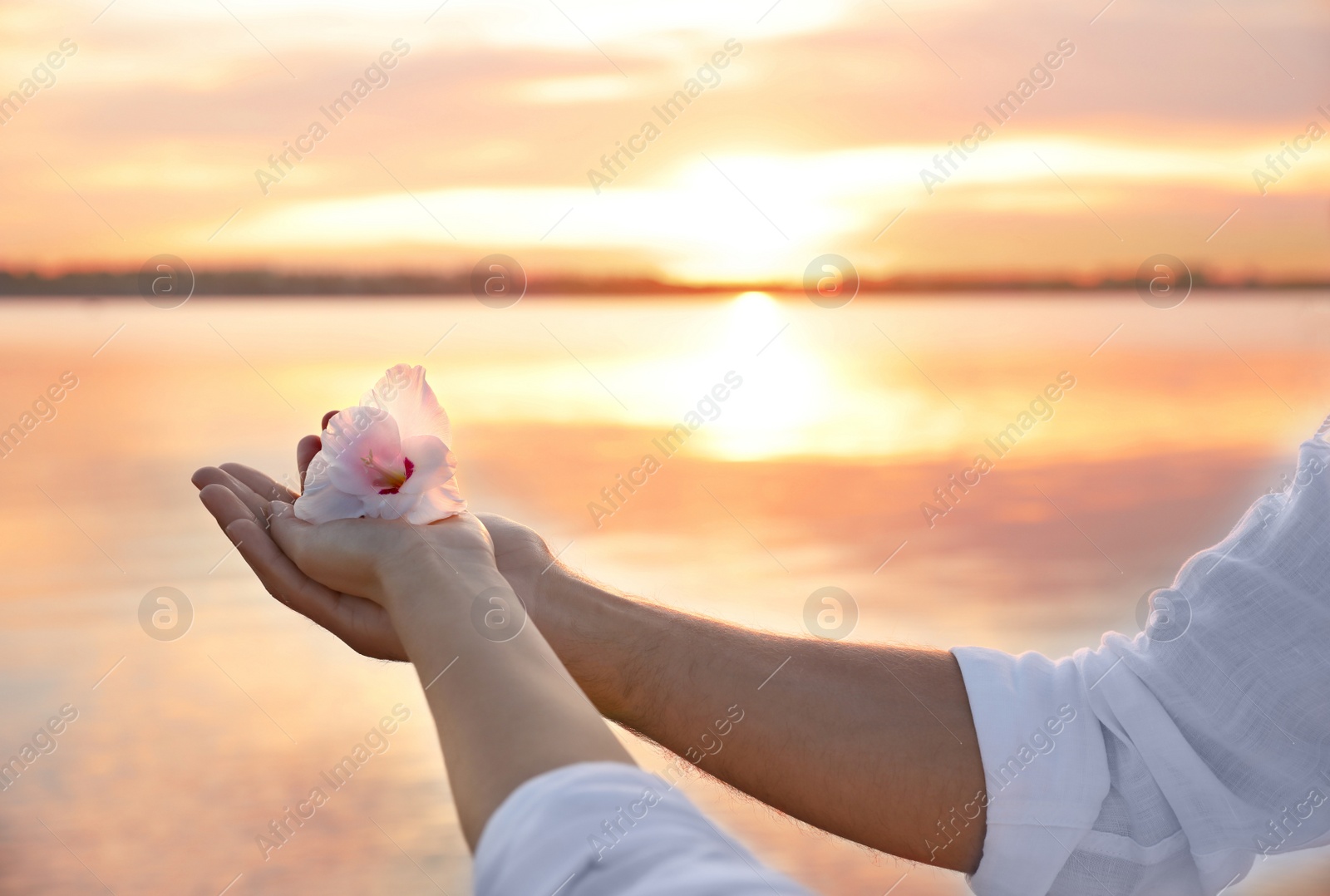 Photo of Couple with beautiful flower near river at sunset, closeup. Nature healing power