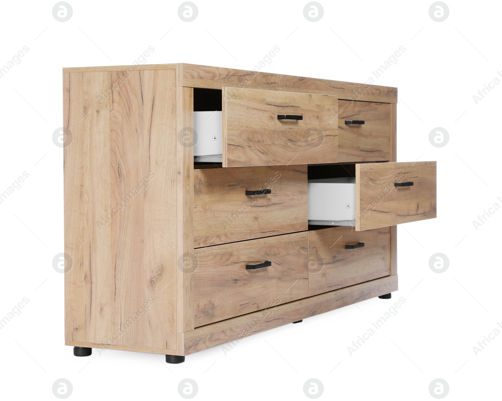 Photo of New wooden chest of drawers isolated on white