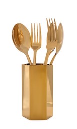 Photo of Gold holder with cutlery isolated on white
