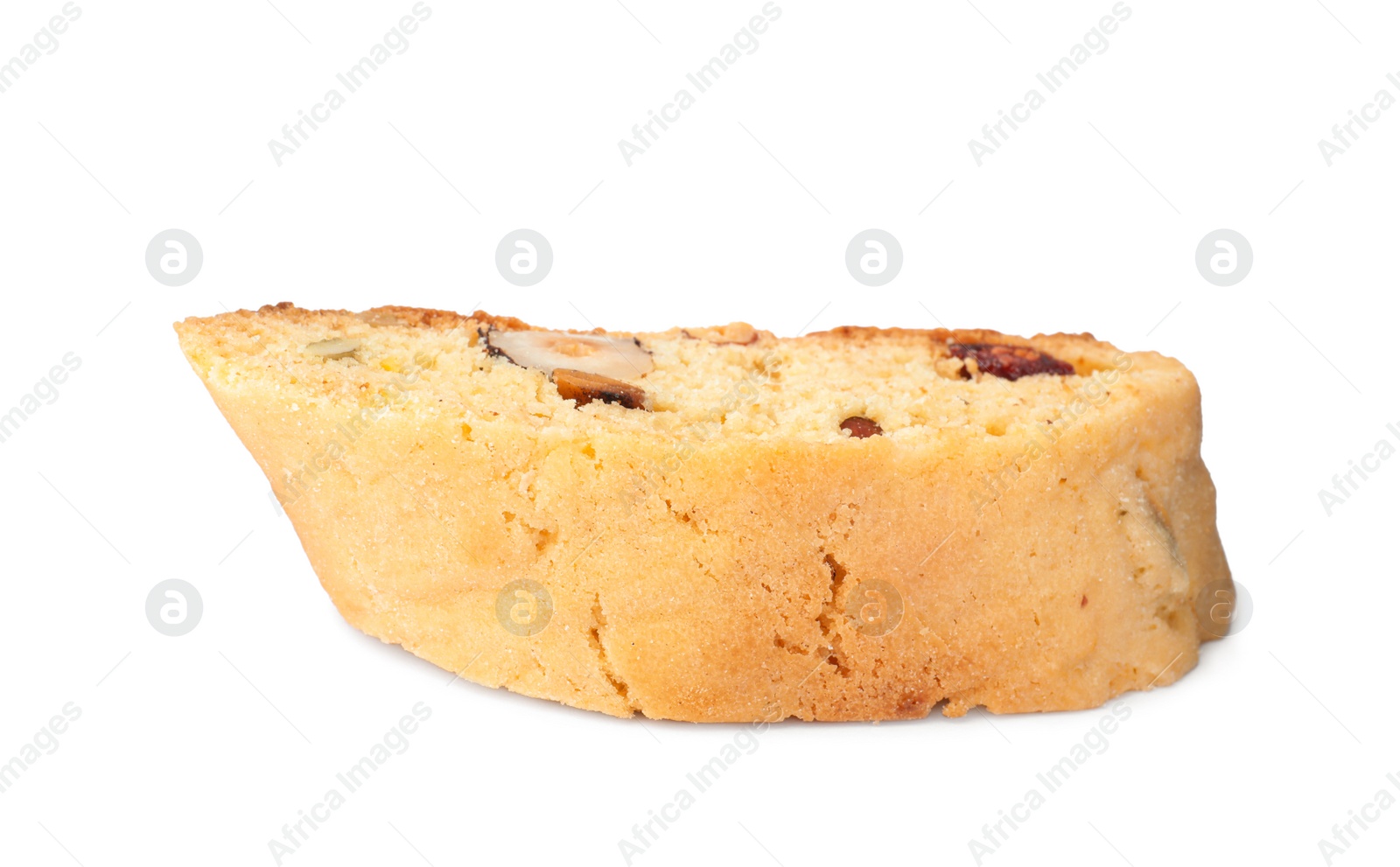 Photo of Slice of tasty cantucci with berry and pistachio isolated on white. Traditional Italian almond biscuits