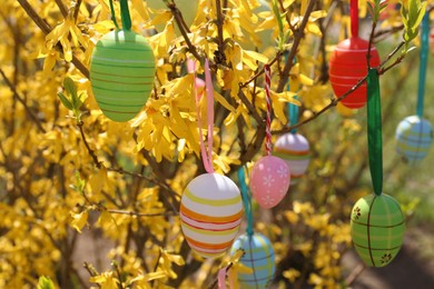 Photo of Beautifully painted Easter eggs hanging on tree outdoors, closeup