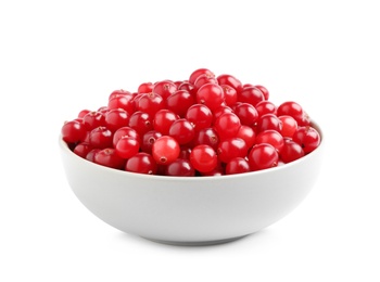 Photo of Fresh ripe cranberries in bowl isolated on white