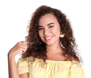 Photo of Portrait of beautiful laughing African-American woman on white background