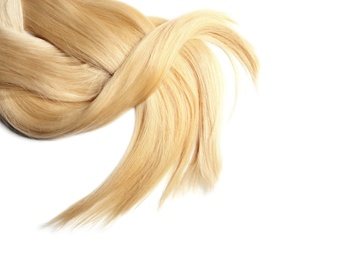 Photo of Locks of healthy blond hair on white background