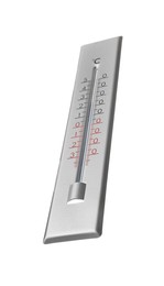 Photo of Modern grey weather thermometer on white background