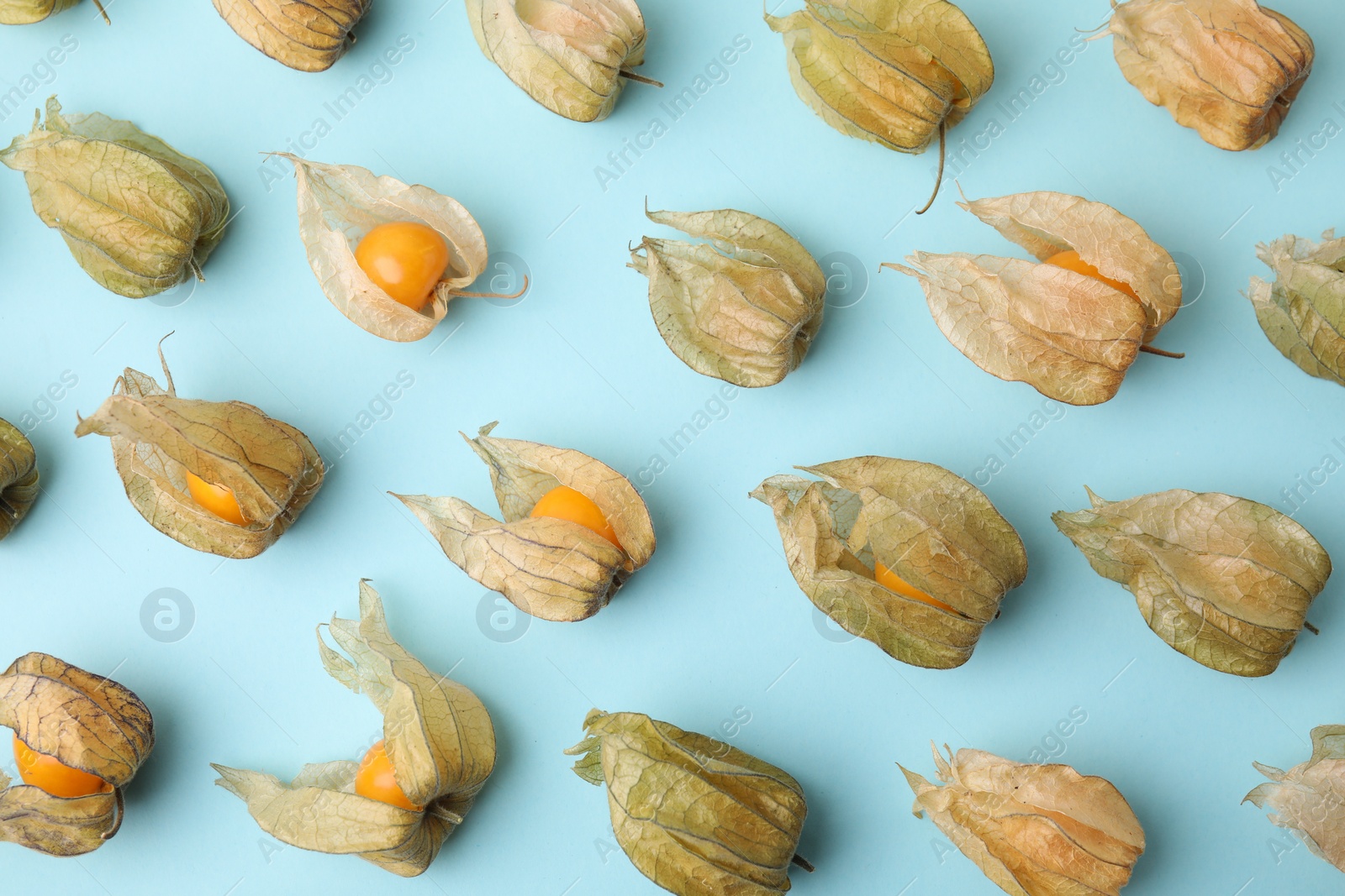 Photo of Ripe physalis fruits with calyxes on light blue background, flat lay