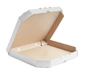 Photo of Open cardboard pizza box on white background