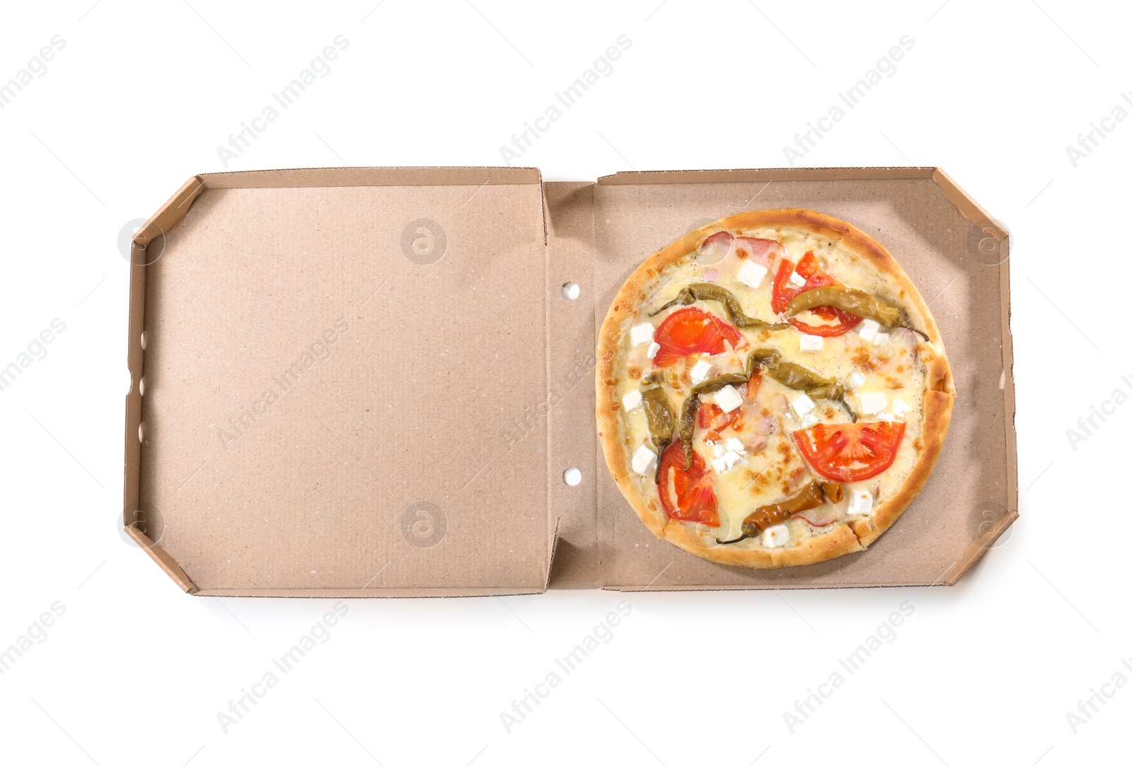 Photo of Open cardboard box with delicious pizza on white background, top view. Food delivery