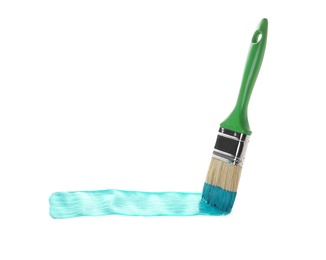 Photo of Brush with green paint on white background