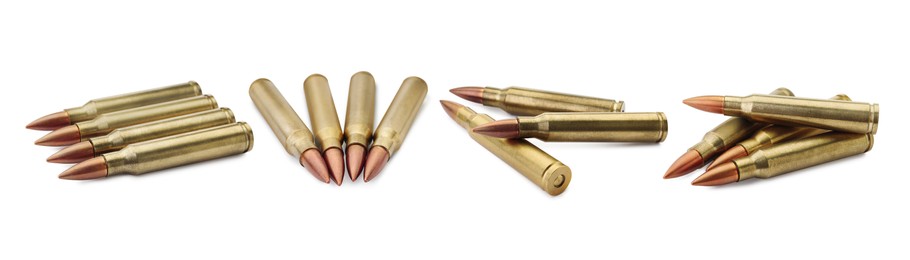 Image of Set of many bullets on white background. Firearm ammunition