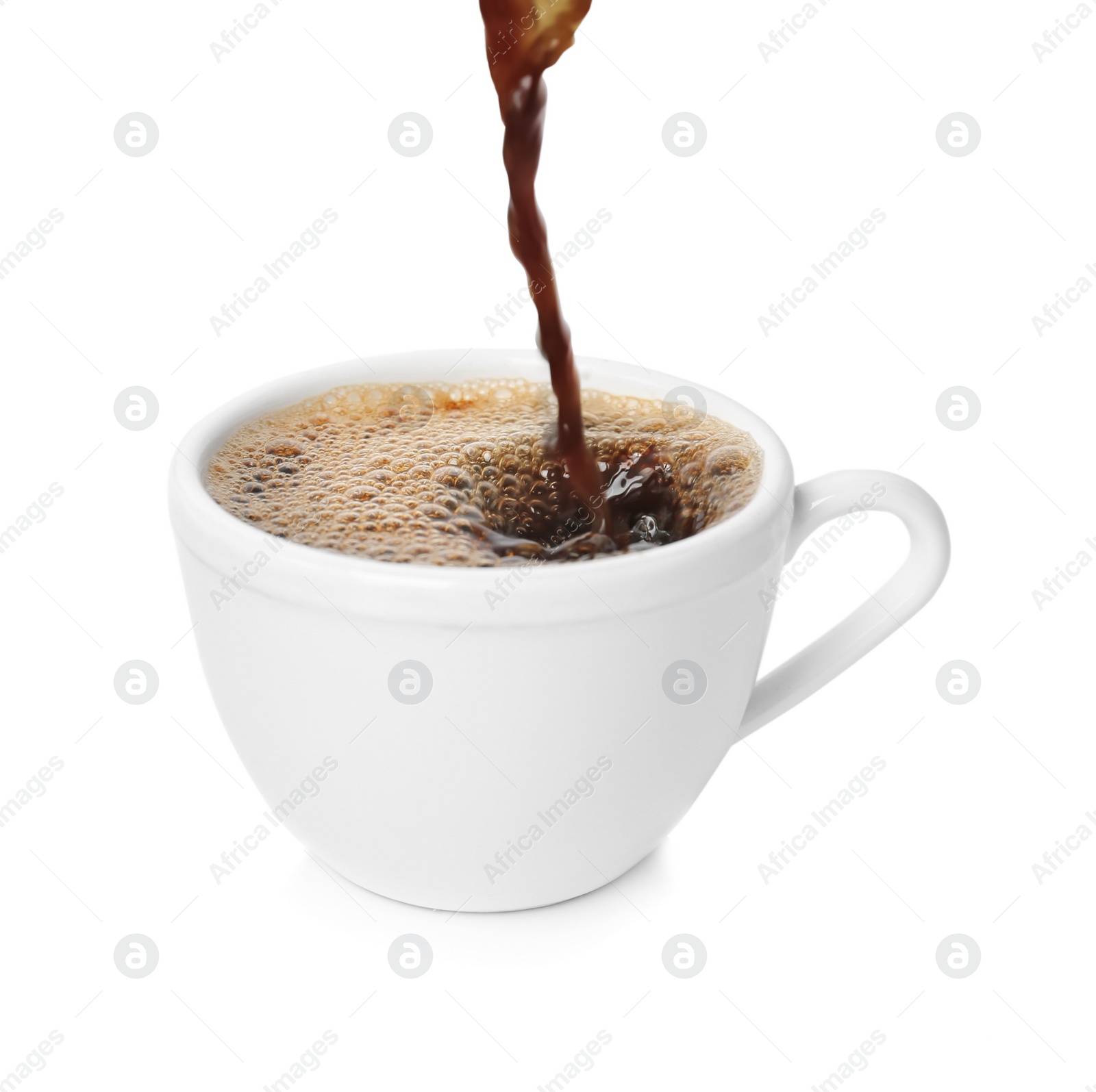 Photo of Pouring aromatic hot coffee into cup on white background