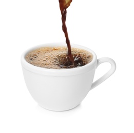 Pouring aromatic hot coffee into cup on white background