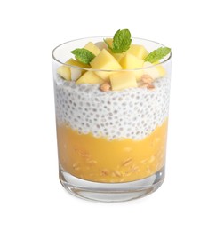 Delicious chia pudding with mango, mint and granola on white background