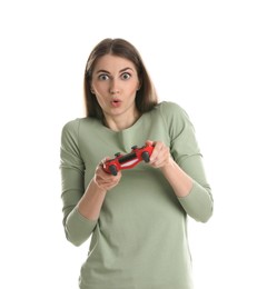 Photo of Surprised woman playing video games with controller on white background