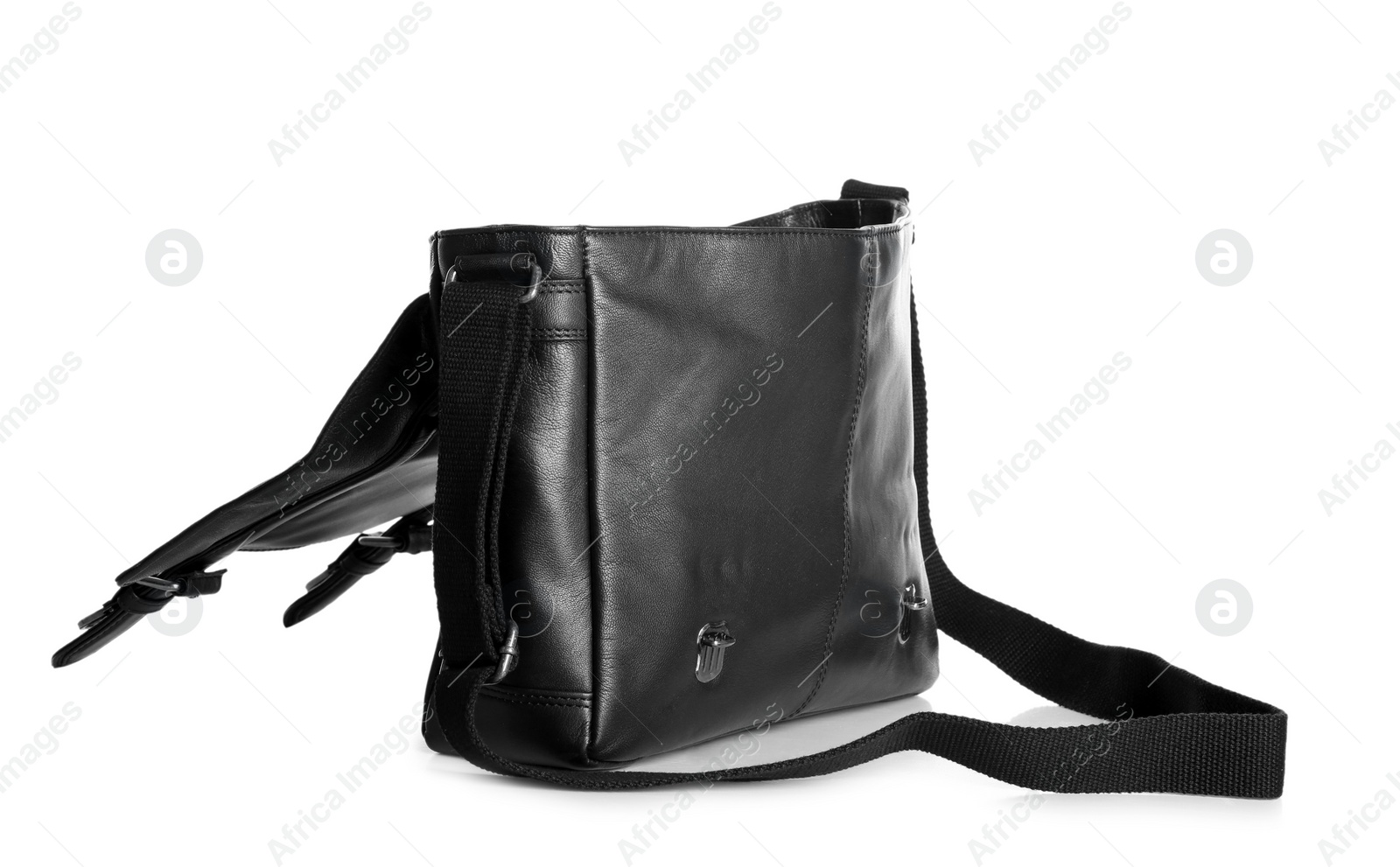 Photo of Black male leather briefcase with strap on white background