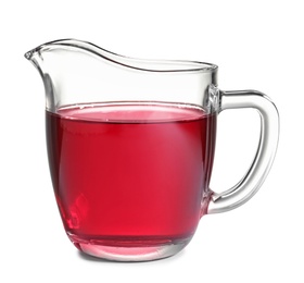 Glass jug with wine vinegar on white background