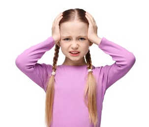 Little girl suffering from headache on white background