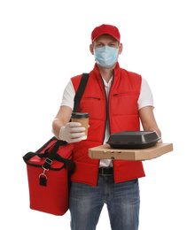 Photo of Courier in protective gloves and mask holding order on white background. Food delivery service during coronavirus quarantine
