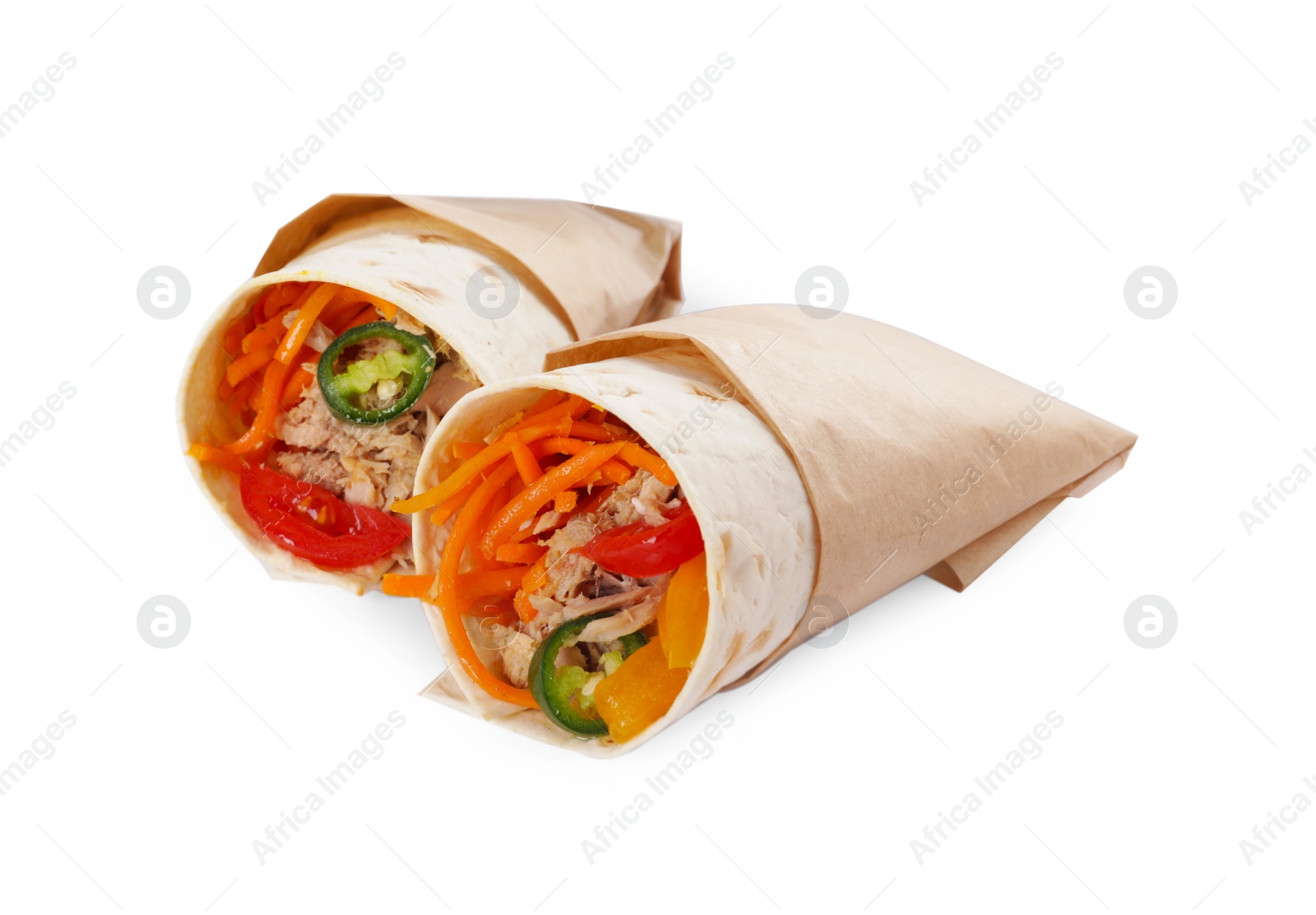 Photo of Delicious tortilla wraps with tuna isolated on white