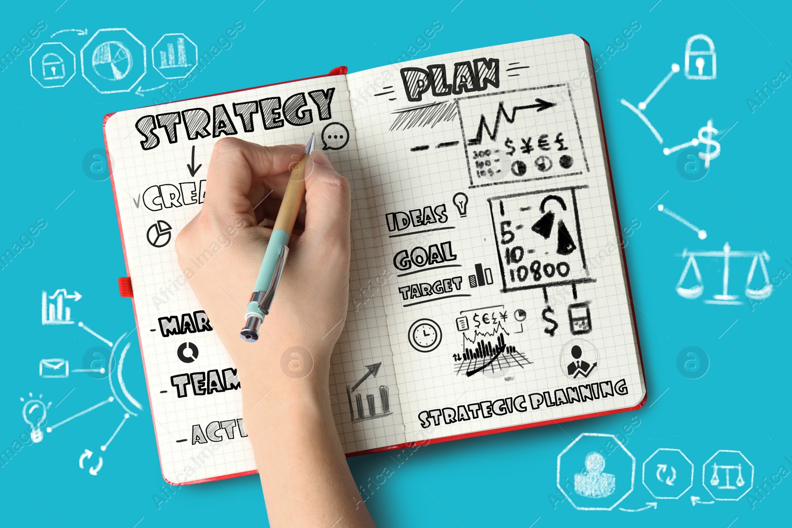 Image of Strategic planning concept. Woman drawing scheme in notebook on blue background, top view