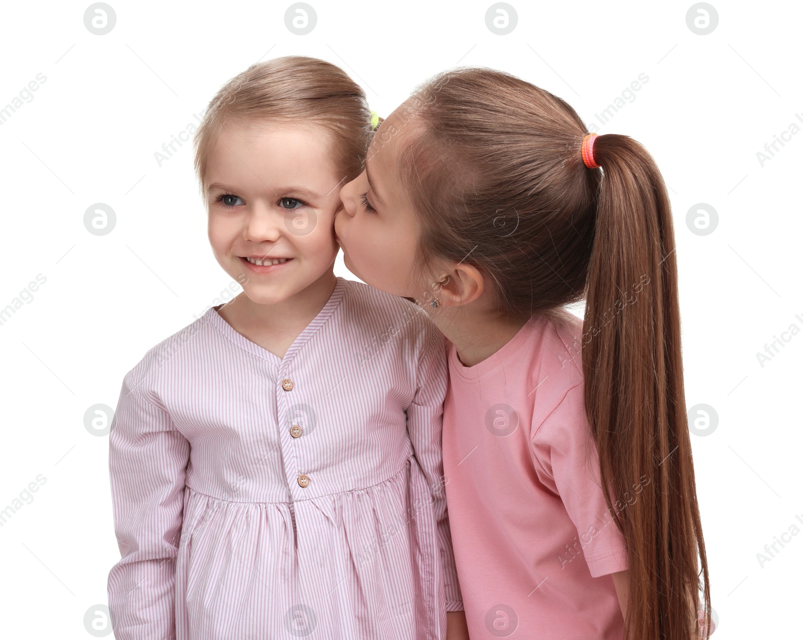 Photo of Portrait of cute little sisters on white background