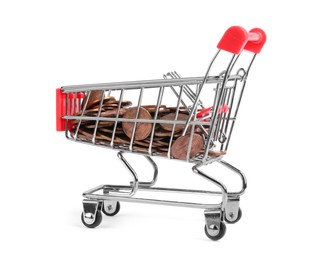Photo of Small metal shopping cart with coins isolated on white