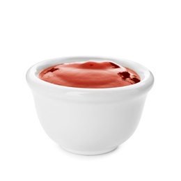 Bowl of spicy chili sauce on white background