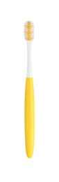 Yellow plastic toothbrush isolated on white. Dental care