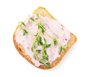 Tasty sandwich with cream cheese and thyme isolated on white, top view
