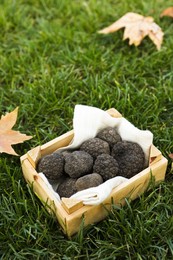 Truffles in wooden crate on green grass