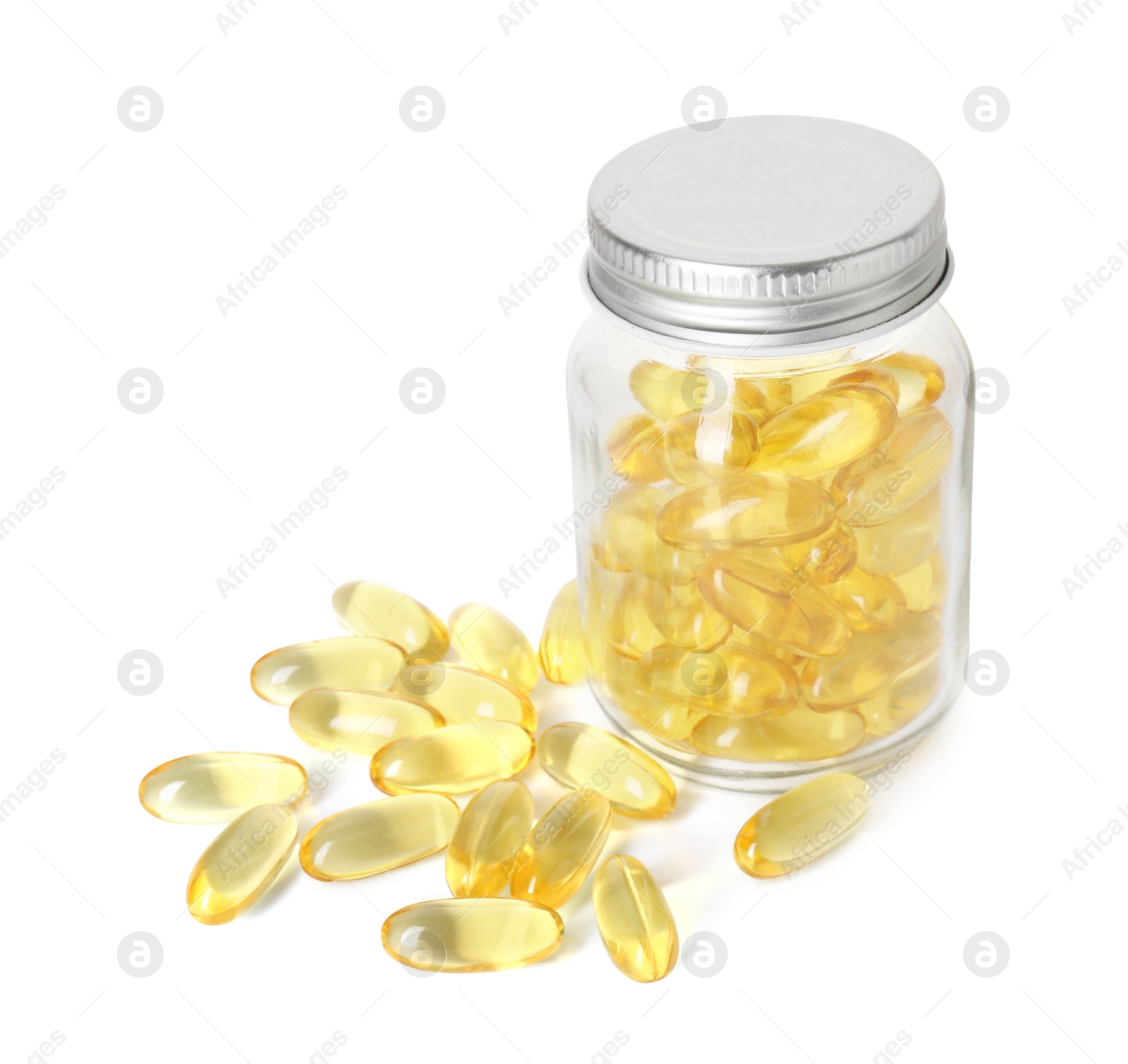 Photo of Bottle and pile of softgel capsules isolated on white