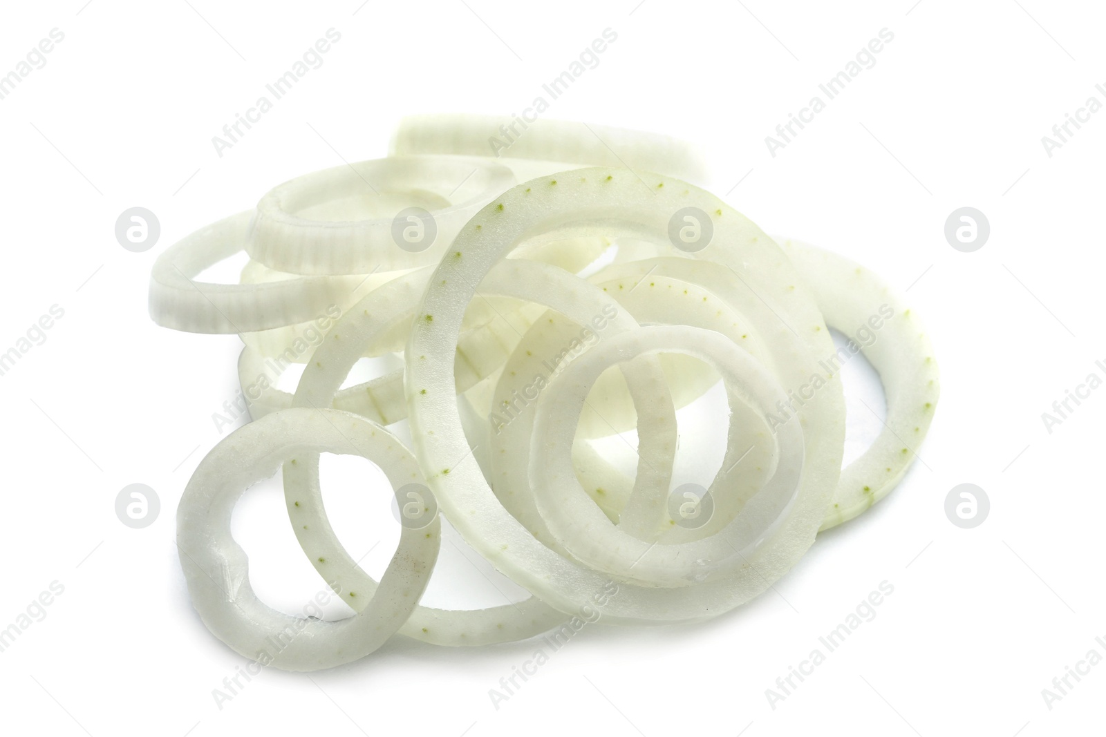 Photo of Fresh raw onion rings on white background