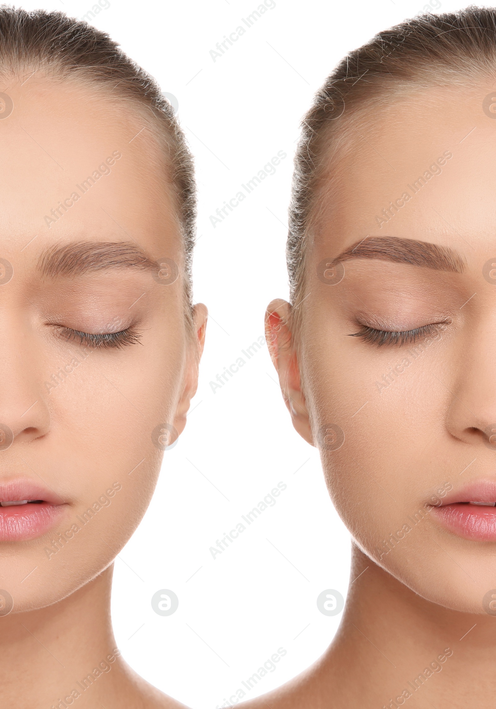 Image of Woman before and after eyebrow correction on white background, closeup