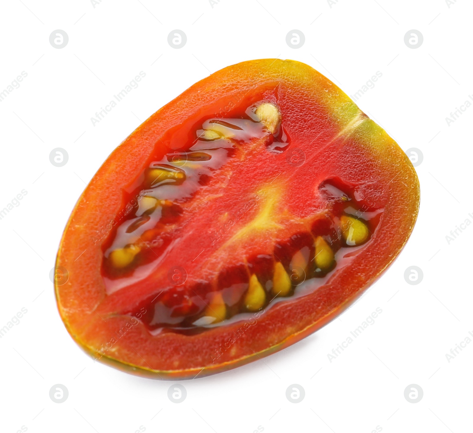 Photo of Half of fresh red grape tomato on white background