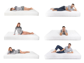 Image of Collage with photos of woman and young man lying on mattresses against white background