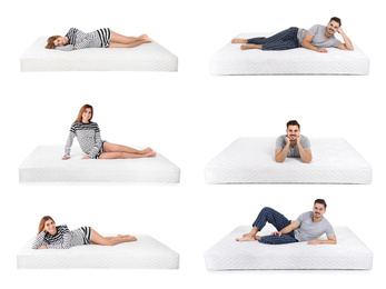 Collage with photos of woman and young man lying on mattresses against white background