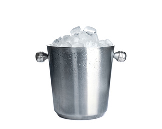 Photo of Metal bucket with ice cubes isolated on white