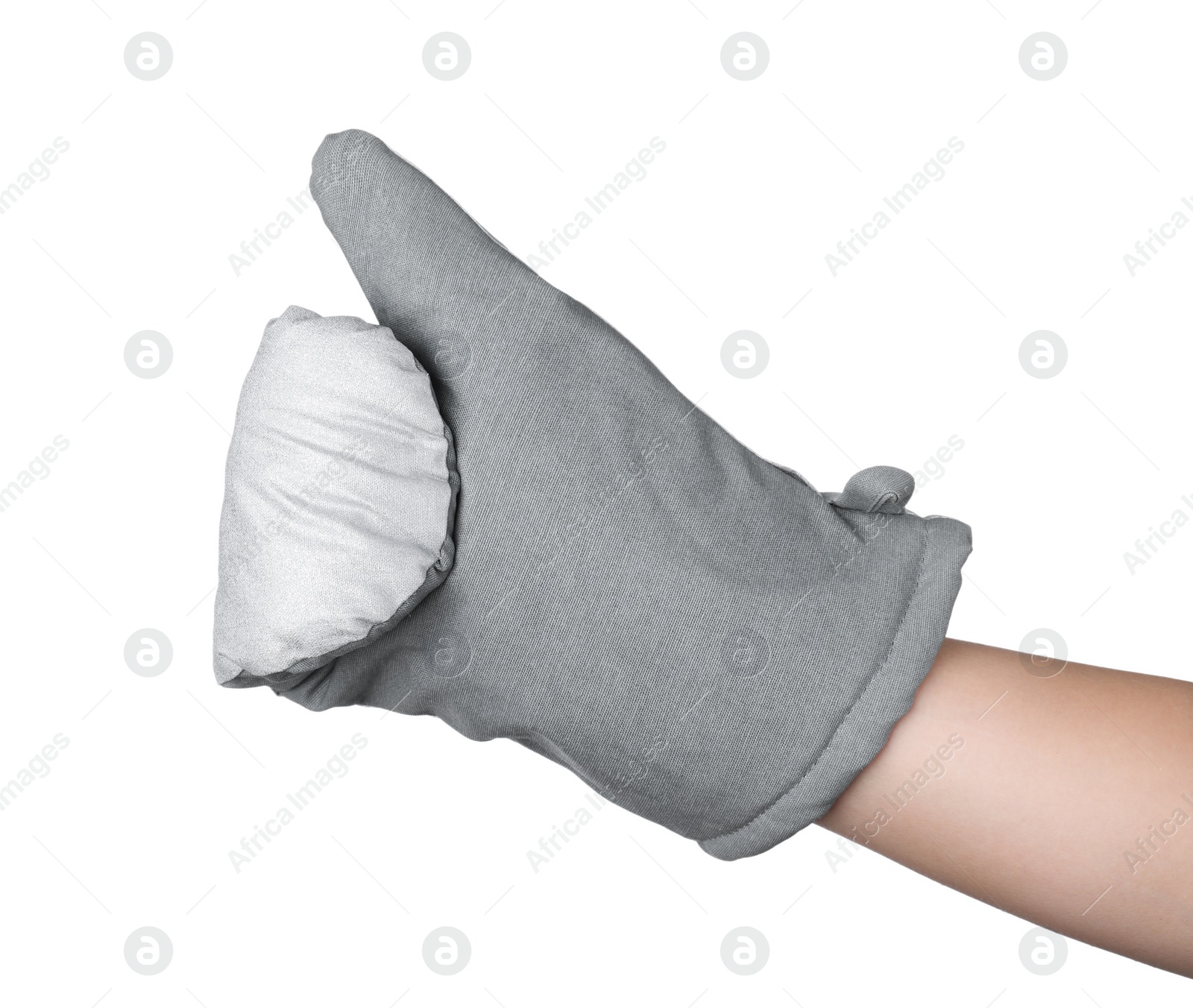 Photo of Chef in oven glove on white background, closeup